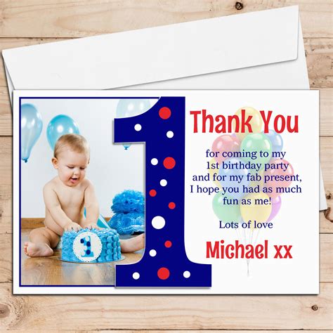 1st Birthday Thank You Card Messages 10 Personalised Boys First 1st Birthday Thank You Photo ...