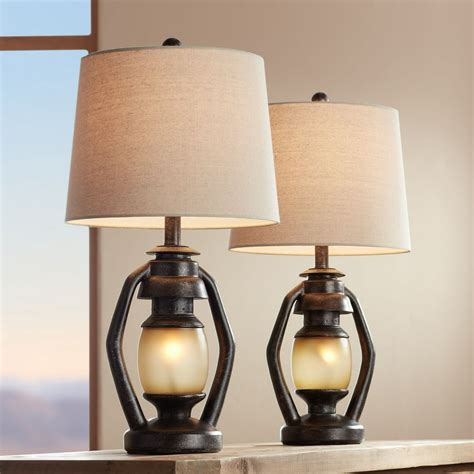 Franklin Iron Works Rustic Table Lamps Set of 2 with Nightlight Miner ...