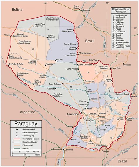 Large political and administrative map of Paraguay with roads and cities | Paraguay | South ...