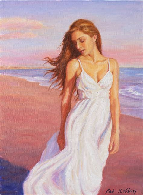 a painting of a woman in a white dress walking on the beach with her hair blowing in the wind