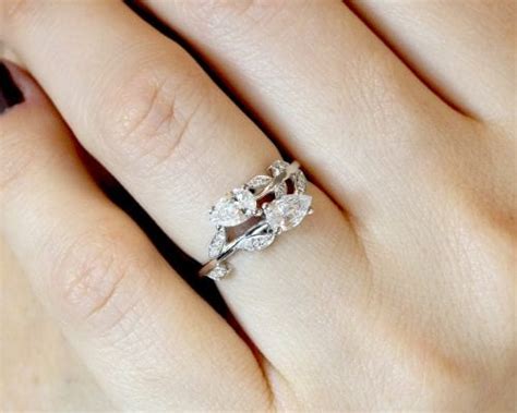 Nature Inspired Diamond Engagement Ring, Pear Cut Vintage Delicate Pear Shaped Cut Moissanite ...