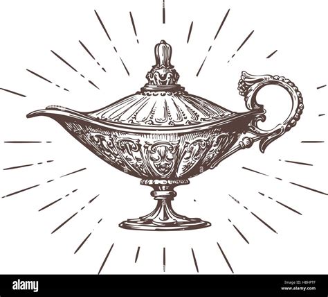 Aladdin magic or genie lamp. Vintage sketch vector illustration Stock ...