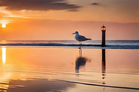 Premium AI Image | seagull on the beach at sunset