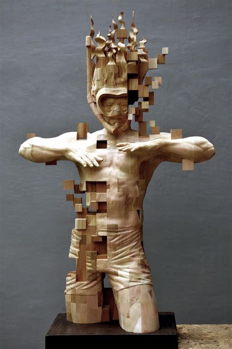 A Stunning Wooden Pixelated Snorkeler Sculpture