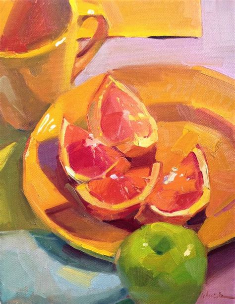 a painting of oranges and apples on a yellow plate next to a tea cup