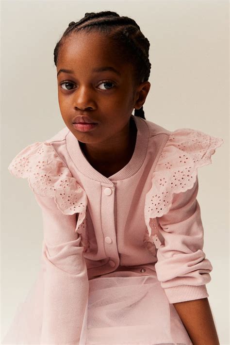 Ruffle-trimmed Sweatshirt Cardigan - Round Neck - Long sleeve - Light dusty pink - Kids | H&M US