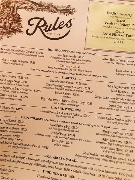 Menu at Rules pub & bar, London