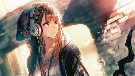 Anime Girl Headphones Looking Away Laptop , , Background, and , Girl ...