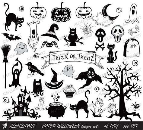 Happy Halloween designs set black and white by Alefclipart on Etsy | Halloween doodle, Halloween ...