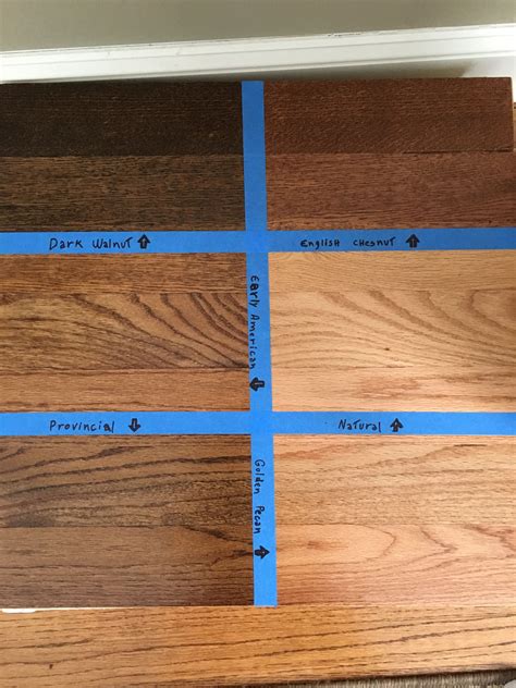 Floor stain samples. Minwax Dark walnut, English Chestnut, Natural, Golden Pecan, Provincial ...