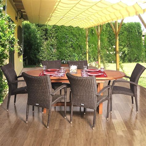 Lemans Deluxe 7 Piece Resin Wicker Patio Dining Set With 63 X 35 Inch Oval Extension Table And ...