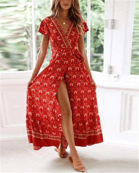 Casual Deep V Neck National Style Printing Maxi Dress-Polarhearts | Dễ ...