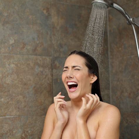 Disgusted Woman Screaming in the Shower Under Cold Water Stock Image - Image of frozen, disgust ...