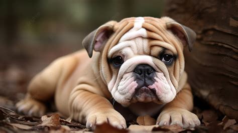 Anak Anjing Bulldog Lucu Berbaring Di Samping Daun, Gambar Bulldog ...