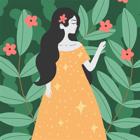 a woman in a yellow dress is surrounded by leaves and flowers with her eyes closed