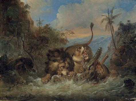 Raden Sarief Bustaman Saleh (1811-1880) , A lion and lioness attacking a crocodile | Christie's