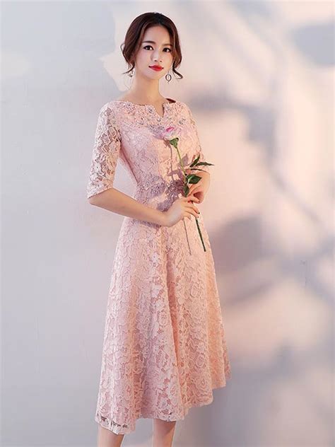 Rose Quartz Dress V-Neck Half Sleeve Beading Lace Bridesmaid Dress ...