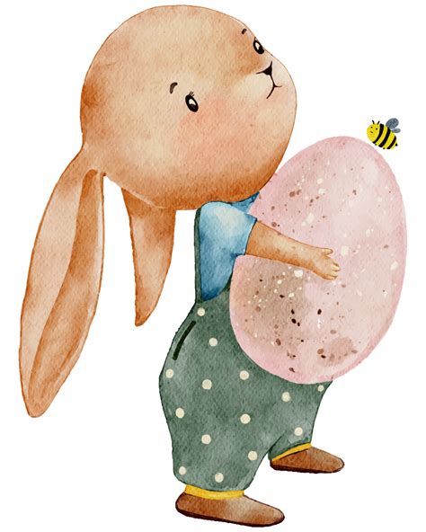 Cute Rabbit holding Easter Egg,Cartoon Watercolour hand paint Bunny,Hare character element for ...