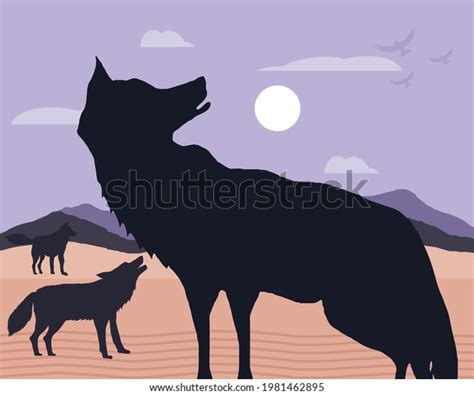 Silhouette Wolves Sky Moon Landscape Stock Vector (Royalty Free ...