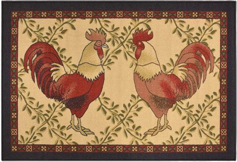 Kitchen Collection Rooster Area Rug Beige Multi-Color Printed Slip Resistant Rubber Back Latex ...