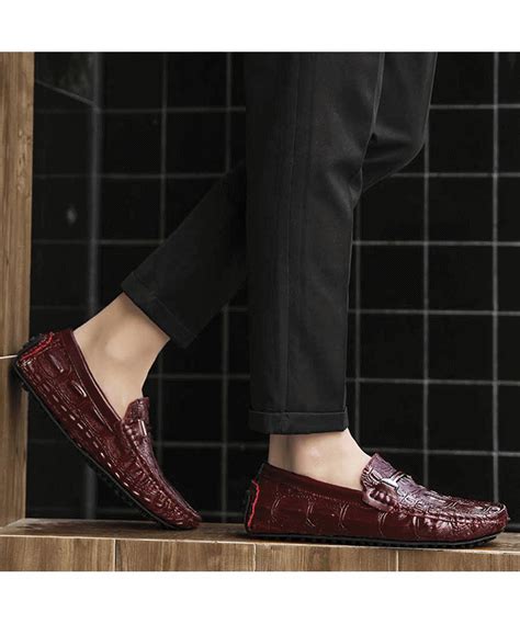 Red crocodile pattern buckle leather slip on shoe loafer | Leather slip ...