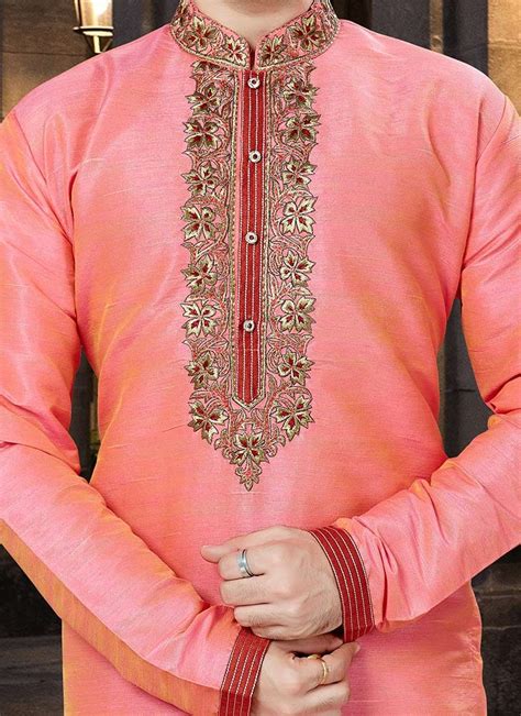 Pink Embroidered Kurta Pyjama | Gents kurta design, Boys kurta design, Mens kurta designs