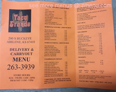 Menu at The Original Grande restaurant, Abilene