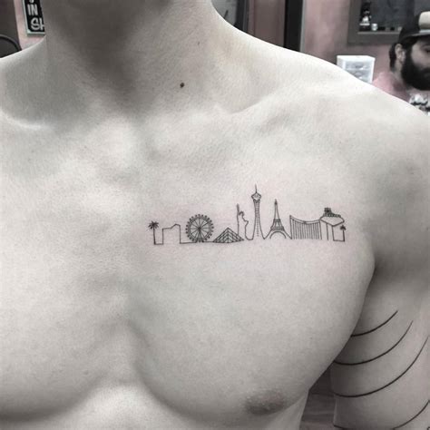 Las Vegas skyline tattoo on the chest.