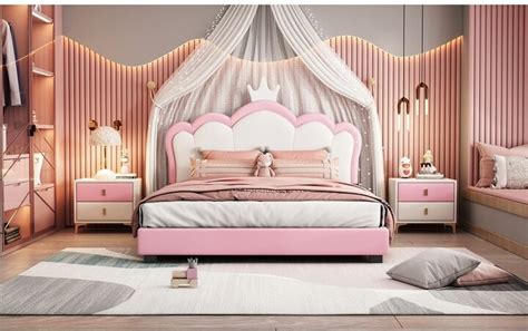 TiramisuBest Pink Upholestered Princess Bed With Crown Headboard ...