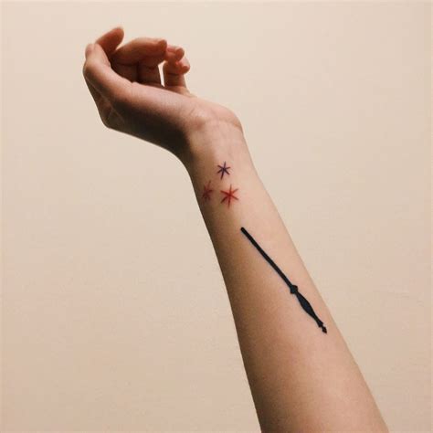 Harry Potter fan tattoo, magic wand, 3 stars | Wand tattoo, Tattoos ...