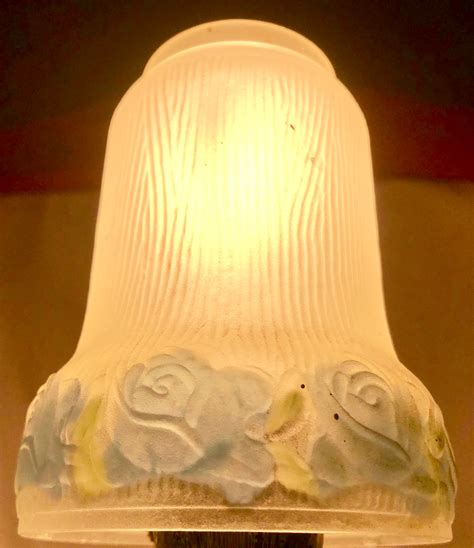 Antique Victorian Frosted Glass Lamp Shade with Blue Hand Painted Flowers