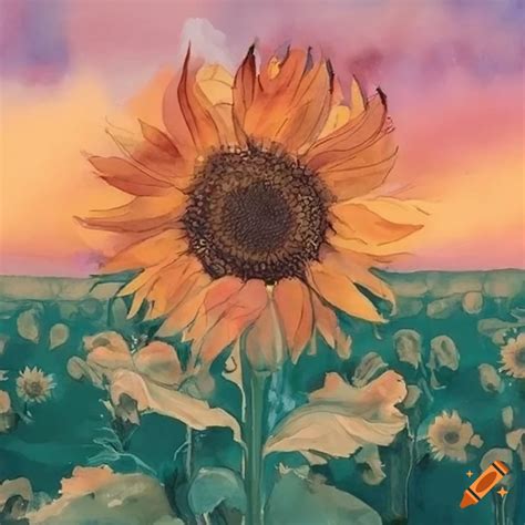 Watercolor painting of sunflowers at sunset
