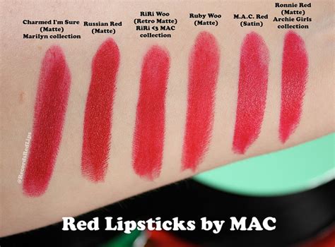Red Lipsticks by MAC Swatches: Charmed I'm Sure, Russian Red, RiRi Woo, Ruby Woo, MAC Red ...