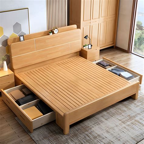 Scandinavian Solid Wood Bed with Headboard 39.37" Tall Standard Bed ...