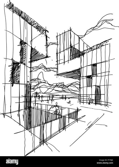 hand drawn architectural sketch of a modern abstract architecture with ...