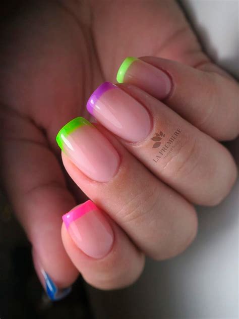 Short squared neon multicolor French tip nails 2020 idea - Go for this ...