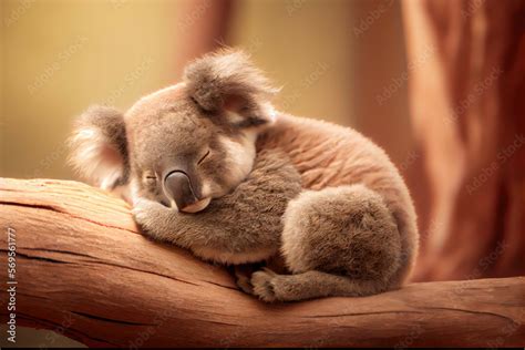 A baby koala bear sleeping in a tree, its arms hugging a branch while its face is peaceful and ...