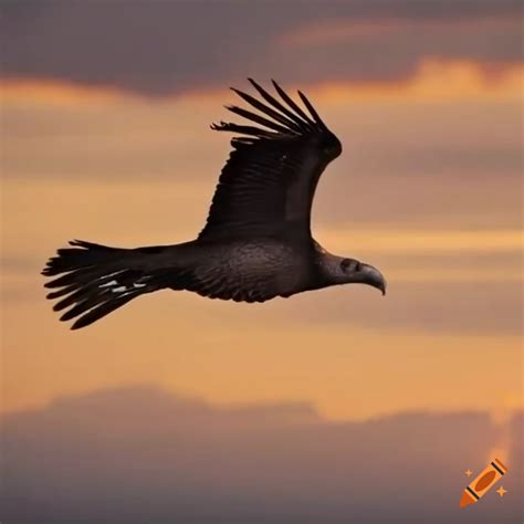 A vulture flying off to the sunset