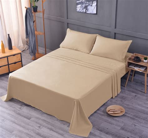 Queen Bamboo Bed Sheet Set Ultra Soft Double Brushed Beige Luxury ...