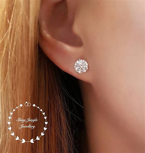 Diamond Stud Earrings, 0.5, 1 & 2 Carat Man Made Diamond Simulant Studs, 14k White Gold Plated ...
