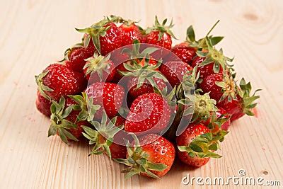 Ripe Strawberry Fruits, Flowers, Leaves On White Wood Table Background Royalty-Free Stock Photo ...