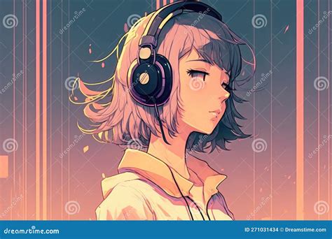 Portrait of a Young Girl in Headphones Listening To Music, Anime Style ...