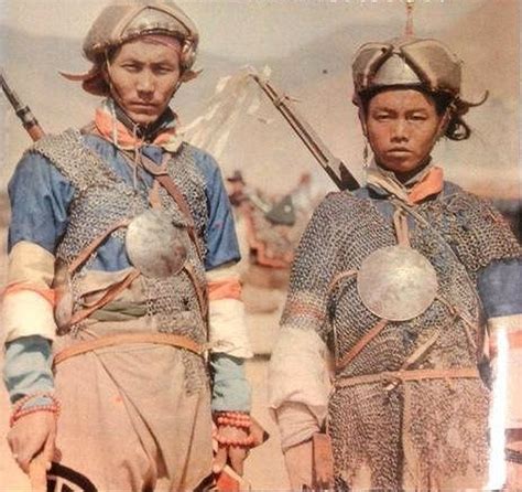 Tibetan warriors shown wearing helmets, mail armor and char-aina ...