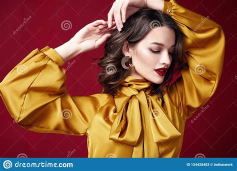 Portrait Beautiful Pretty Woman Red Lipstick Jewelry Earrings Brunette Hair Cosmetic Makeup ...