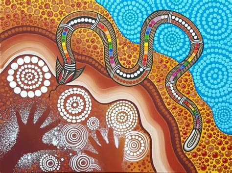 "Connected to the Dreamtime" This painting depicts the Rainbow serpent watching over the people ...