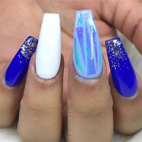Tapered Square Nails. Blue and White Nails. Nails With Glitter. Acrylic Nails. Gel Nails. | Blue ...