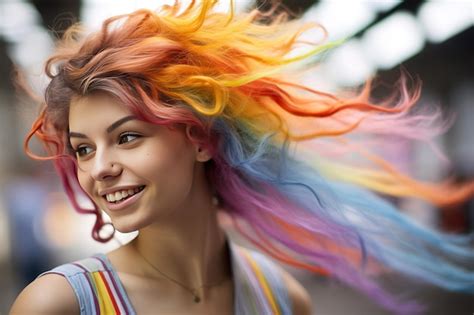 Premium AI Image | Beautiful young girl colorful multicolored rainbow hair copy space wallpaper