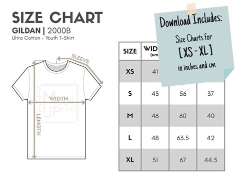 Gildan 2000B Youth T-shirt Size Chart inches/cm Digital Size Chart Gildan Ultra Cotton T-shirt ...