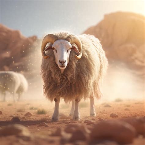 Premium AI Image | A sheep with large horns stands in front of a rocky ...