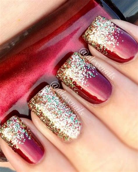 Festive Nail Art: Deep Red with gold and multicolour glitter tips and accent nail - Instagram ...